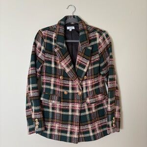 Fate Women's Pink Green Plaid Tweed Blazer Gold Buttons S Old Money Preppy Twee